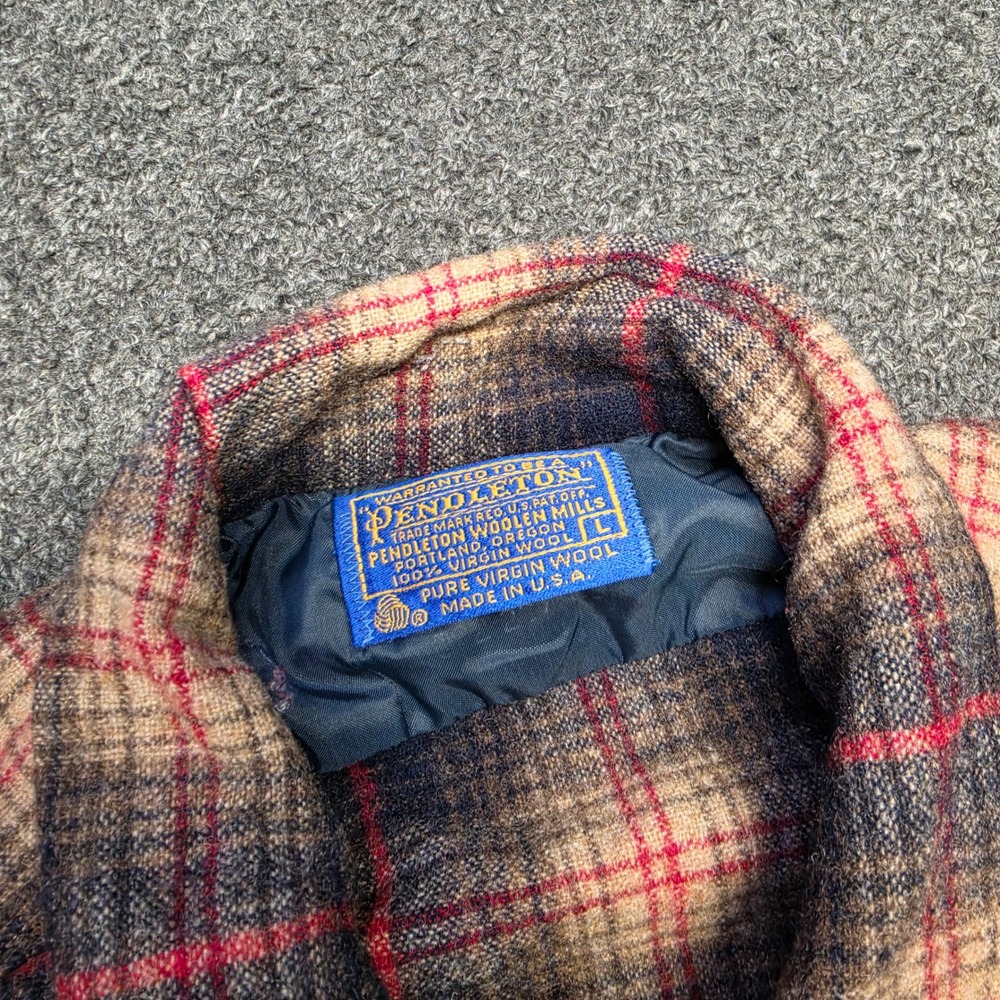 VTG Pendleton Board Shirt Plaid Tan Navy Mens Large Wool Flannel Loop Collar USA - Picture 5 of 7
